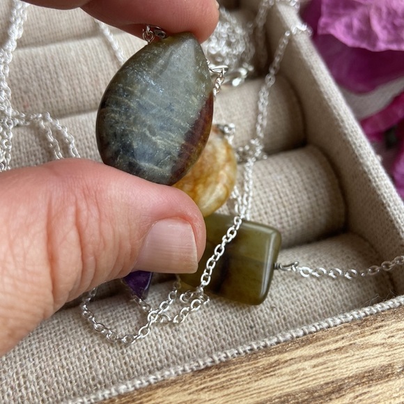 Pendant sterling silver gemstone drops delicate chunky necklace - Picture 7 of 8